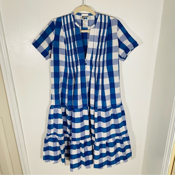 Anthropologie WHIT TWO Gingham Tiered Midi Dress Preppy Coastal Spring Summer - Picture 2 of 10
